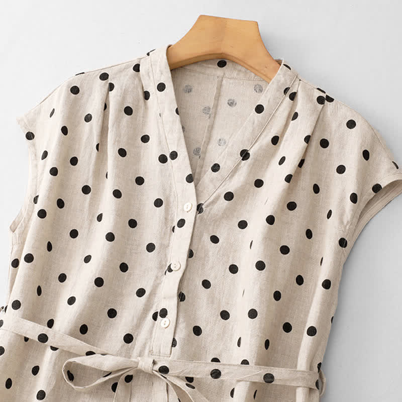 Nimara Ritual Summer Polka Dot V-Neck Lace-up Women's Knee Length Dress With Pockets