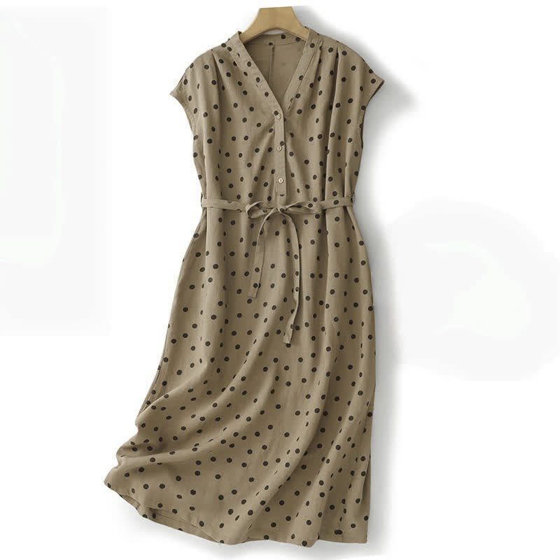 Nimara Ritual Summer Polka Dot V-Neck Lace-up Women's Knee Length Dress With Pockets