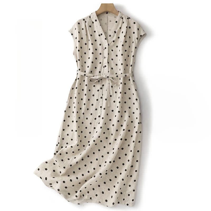 Nimara Ritual Summer Polka Dot V-Neck Lace-up Women's Knee Length Dress With Pockets