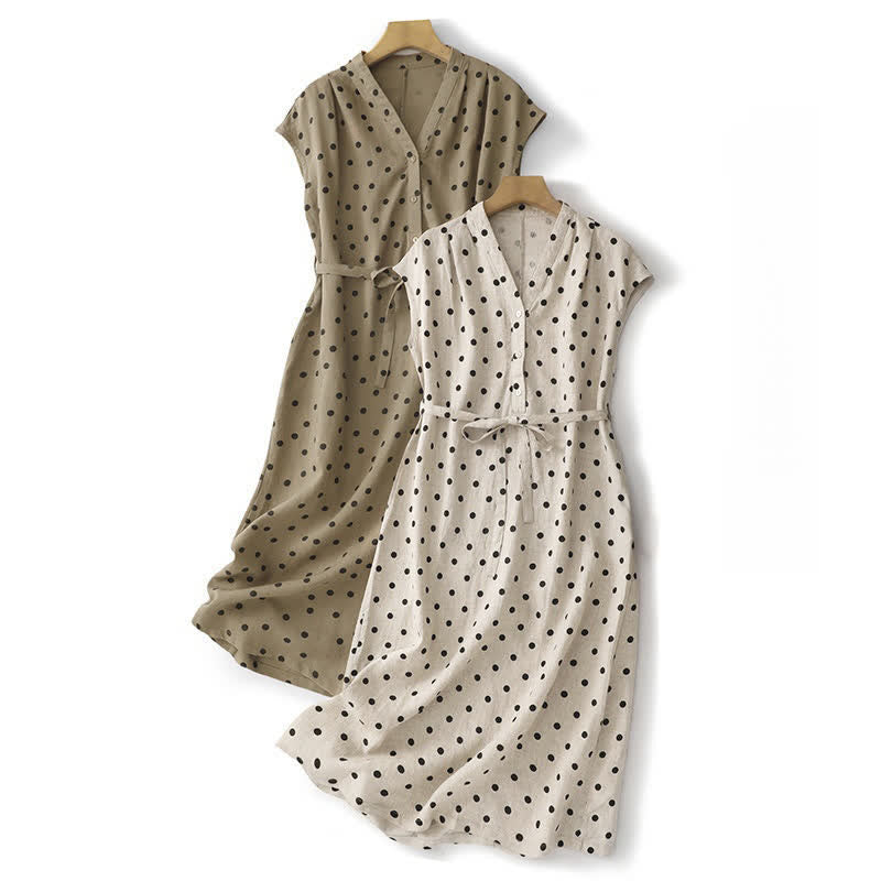 Nimara Ritual Summer Polka Dot V-Neck Lace-up Women's Knee Length Dress With Pockets