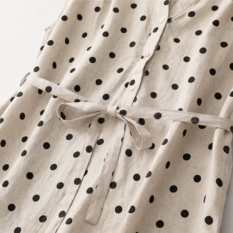 Nimara Ritual Summer Polka Dot V-Neck Lace-up Women's Knee Length Dress With Pockets