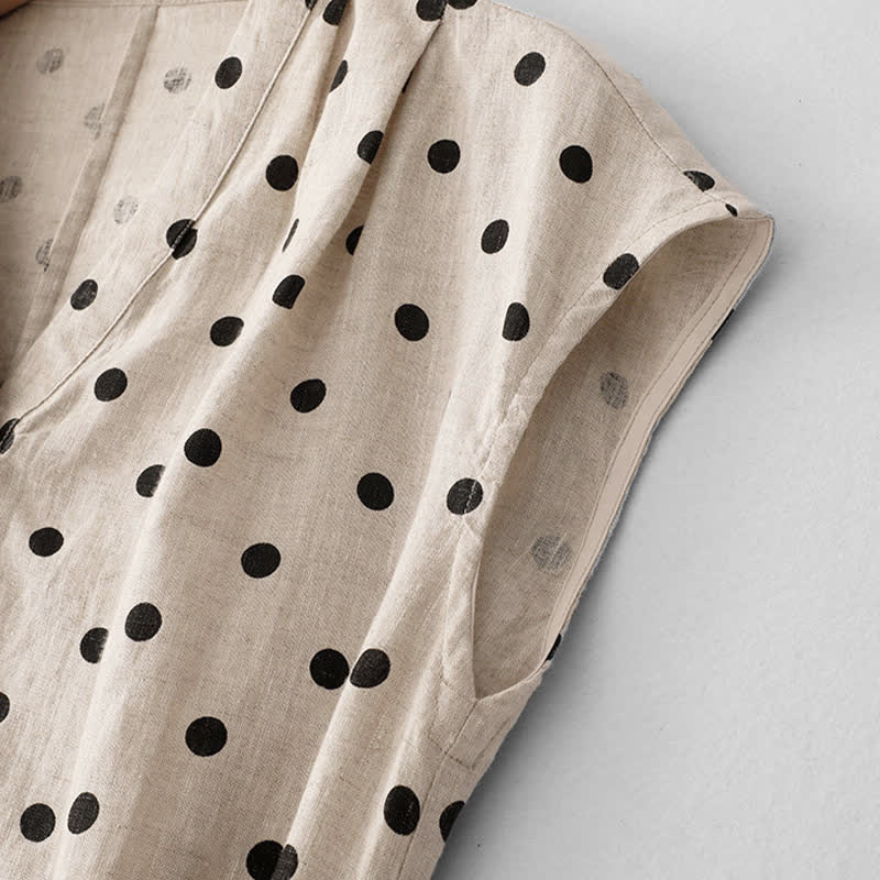 Nimara Ritual Summer Polka Dot V-Neck Lace-up Women's Knee Length Dress With Pockets