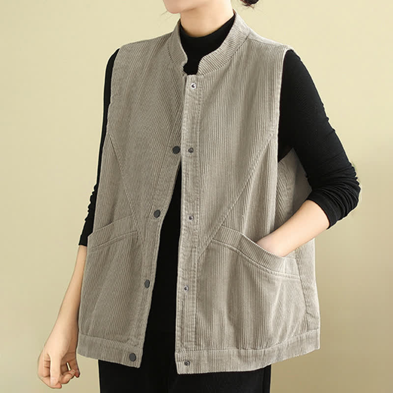 Nimara Ritual Plain Sleeveless Women's Vest Corduroy Waistcoat With Pockets