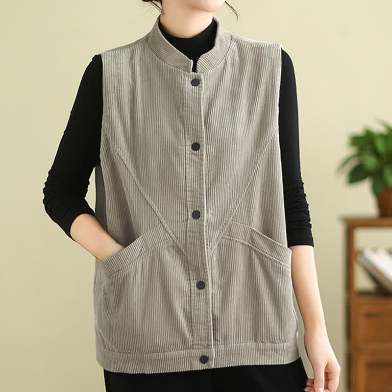 Nimara Ritual Plain Sleeveless Women's Vest Corduroy Waistcoat With Pockets