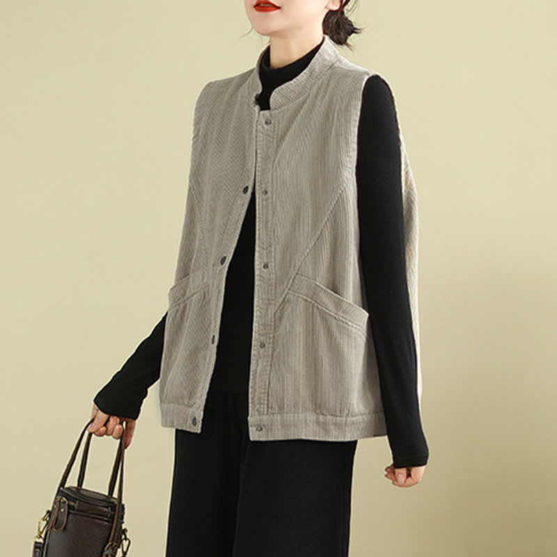 Nimara Ritual Plain Sleeveless Women's Vest Corduroy Waistcoat With Pockets