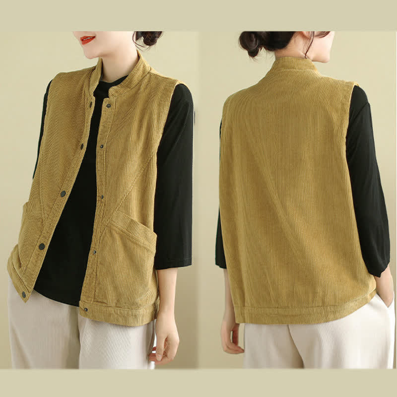 Nimara Ritual Plain Sleeveless Women's Vest Corduroy Waistcoat With Pockets