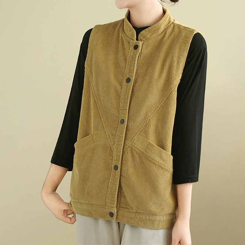 Nimara Ritual Plain Sleeveless Women's Vest Corduroy Waistcoat With Pockets