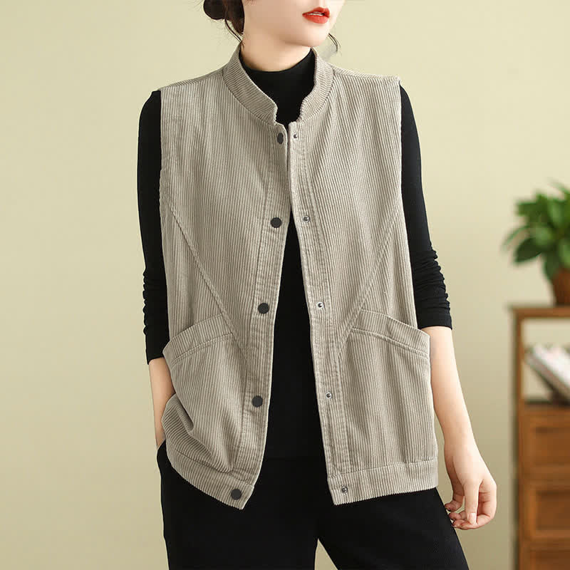 Nimara Ritual Plain Sleeveless Women's Vest Corduroy Waistcoat With Pockets
