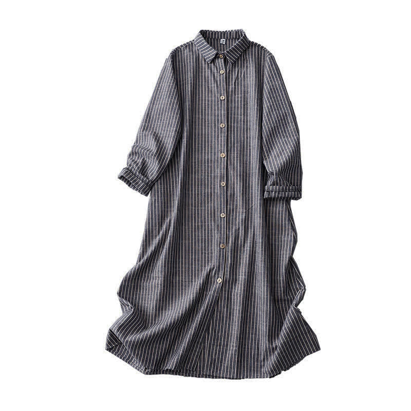 Nimara Ritual LightSteelBlue White Striped Long Sleeve Lapel Midi Dress With Pockets