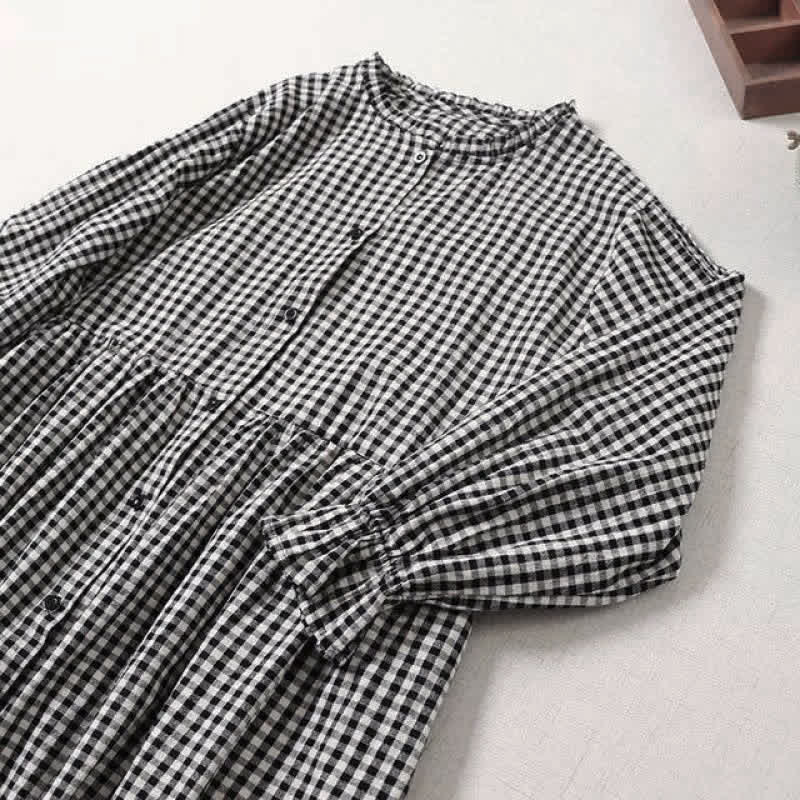 Nimara Ritual Long Sleeve Plaid Simple Buttons Ruffled Design Midi Dress With Pockets