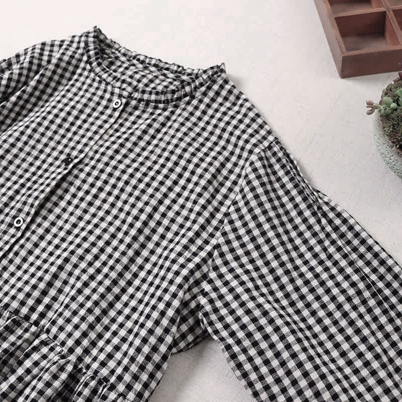 Nimara Ritual Long Sleeve Plaid Simple Buttons Ruffled Design Midi Dress With Pockets