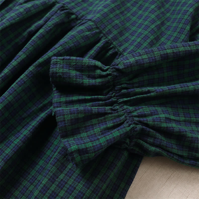 Nimara Ritual Long Sleeve Plaid Simple Buttons Ruffled Design Midi Dress With Pockets