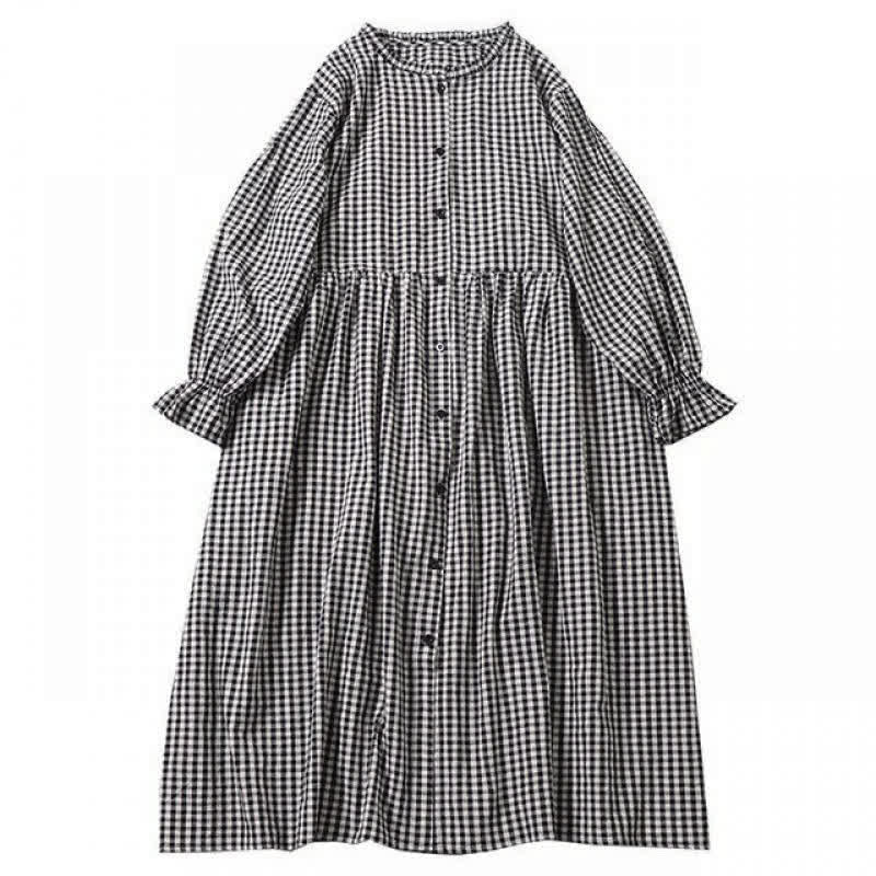Nimara Ritual Long Sleeve Plaid Simple Buttons Ruffled Design Midi Dress With Pockets
