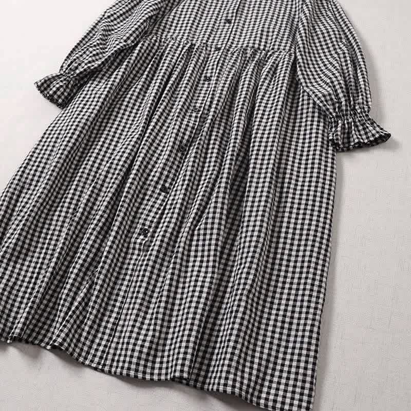 Nimara Ritual Long Sleeve Plaid Simple Buttons Ruffled Design Midi Dress With Pockets