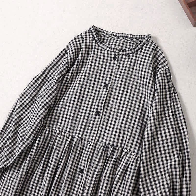 Nimara Ritual Long Sleeve Plaid Simple Buttons Ruffled Design Midi Dress With Pockets