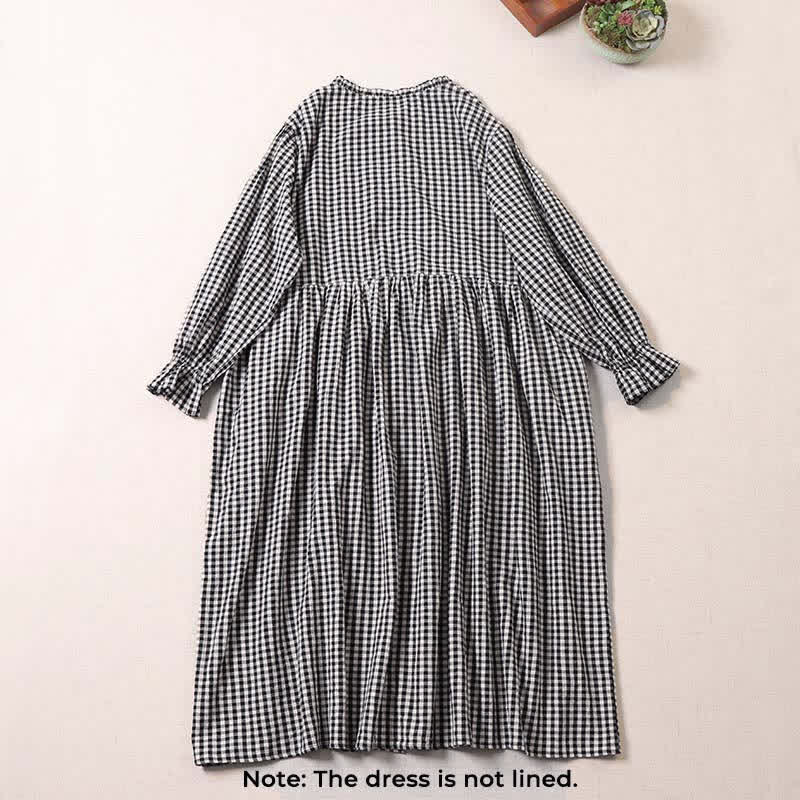 Nimara Ritual Long Sleeve Plaid Simple Buttons Ruffled Design Midi Dress With Pockets