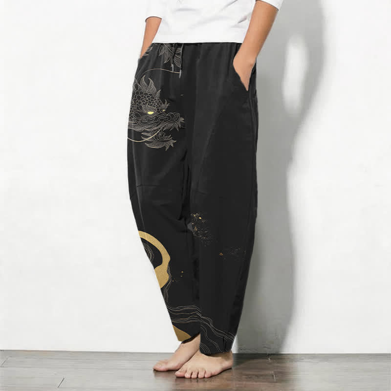 Nimara Ritual Pure Cotton Golden Dragon Cloud Wave Pattern Drawstring Men's Tapered Pants With Pockets