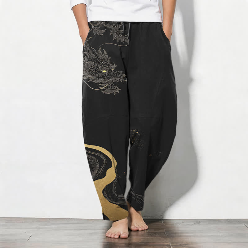 Nimara Ritual Pure Cotton Golden Dragon Cloud Wave Pattern Drawstring Men's Tapered Pants With Pockets