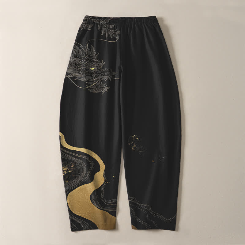 Nimara Ritual Pure Cotton Golden Dragon Cloud Wave Pattern Drawstring Men's Tapered Pants With Pockets