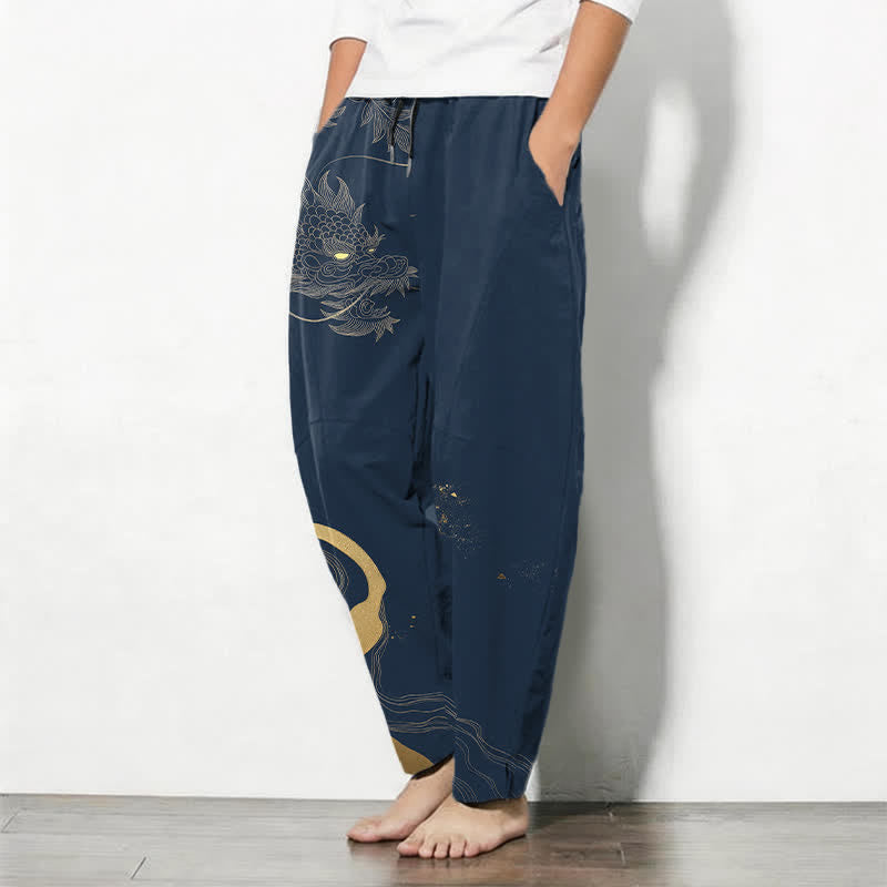Nimara Ritual Pure Cotton Golden Dragon Cloud Wave Pattern Drawstring Men's Tapered Pants With Pockets