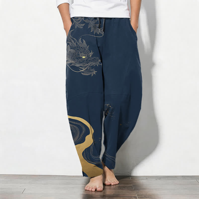 Nimara Ritual Pure Cotton Golden Dragon Cloud Wave Pattern Drawstring Men's Tapered Pants With Pockets