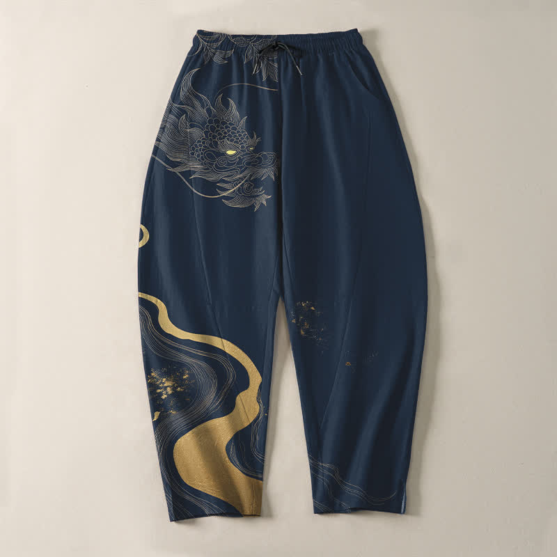 Nimara Ritual Pure Cotton Golden Dragon Cloud Wave Pattern Drawstring Men's Tapered Pants With Pockets