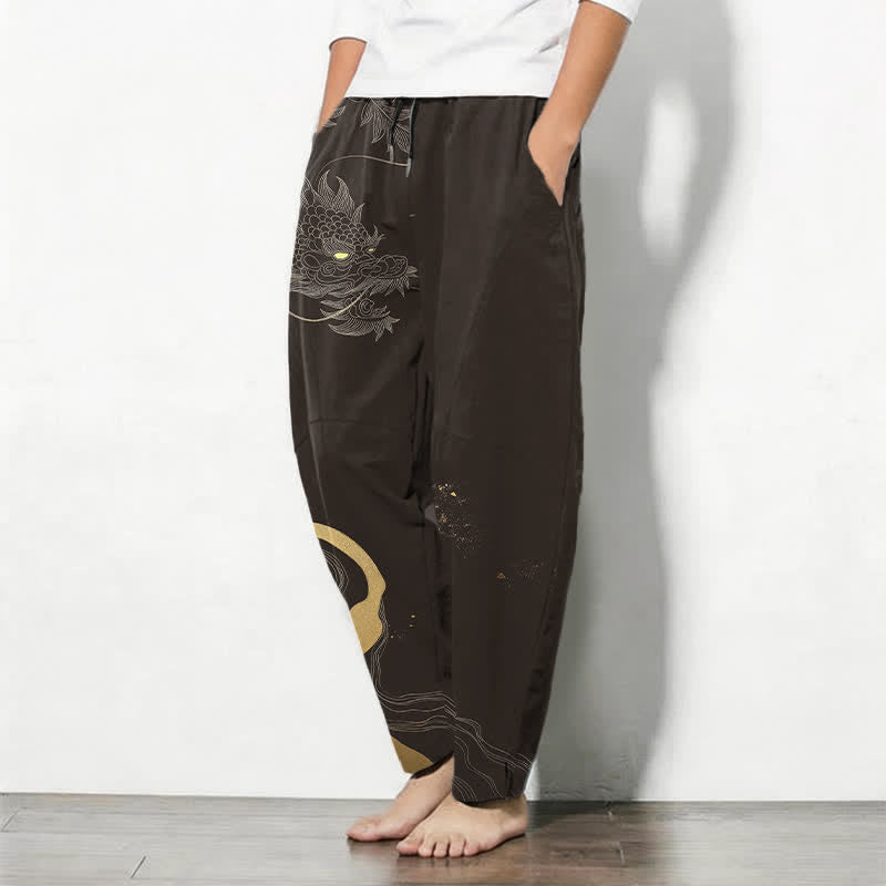 Nimara Ritual Pure Cotton Golden Dragon Cloud Wave Pattern Drawstring Men's Tapered Pants With Pockets