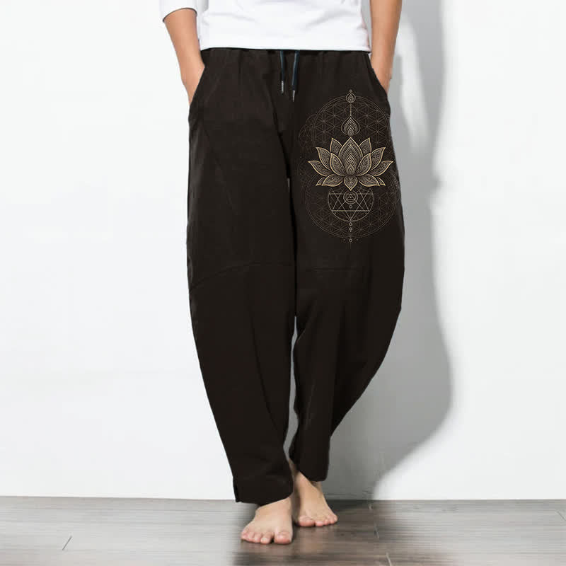 Nimara Ritual Pure Cotton Lotus Mandala Geometry Pattern Drawstring Men's Tapered Pants With Pockets