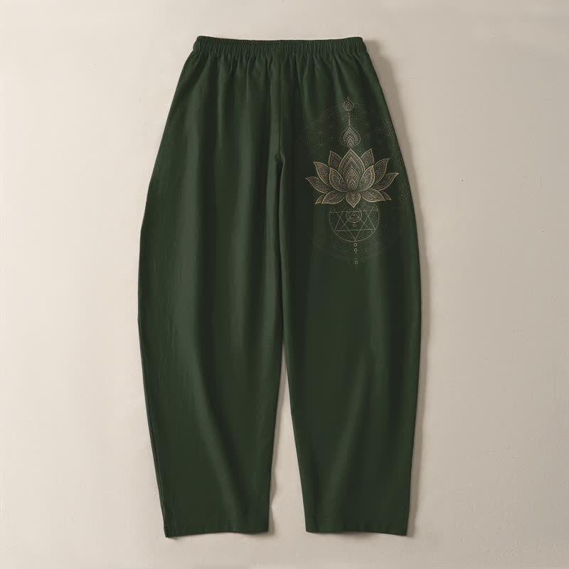 Nimara Ritual Pure Cotton Lotus Mandala Geometry Pattern Drawstring Men's Tapered Pants With Pockets