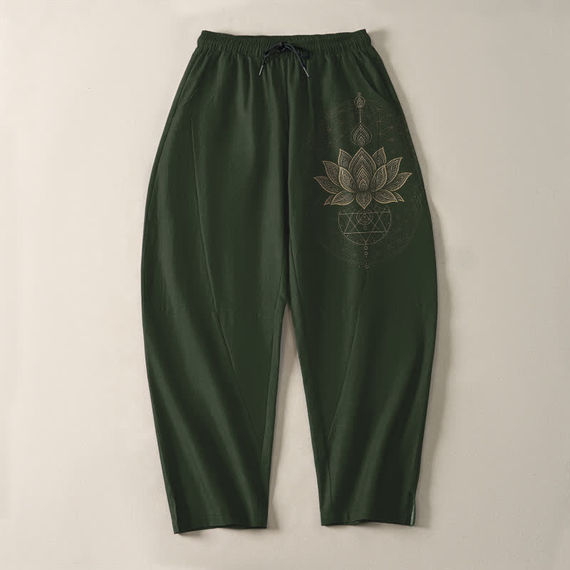 Nimara Ritual Pure Cotton Lotus Mandala Geometry Pattern Drawstring Men's Tapered Pants With Pockets