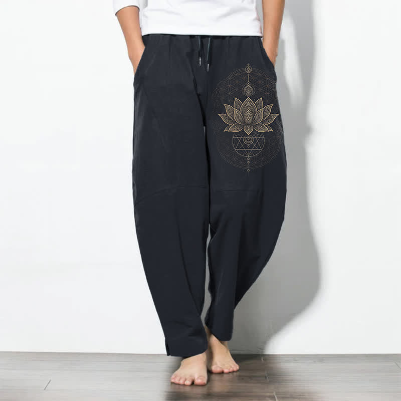 Nimara Ritual Pure Cotton Lotus Mandala Geometry Pattern Drawstring Men's Tapered Pants With Pockets