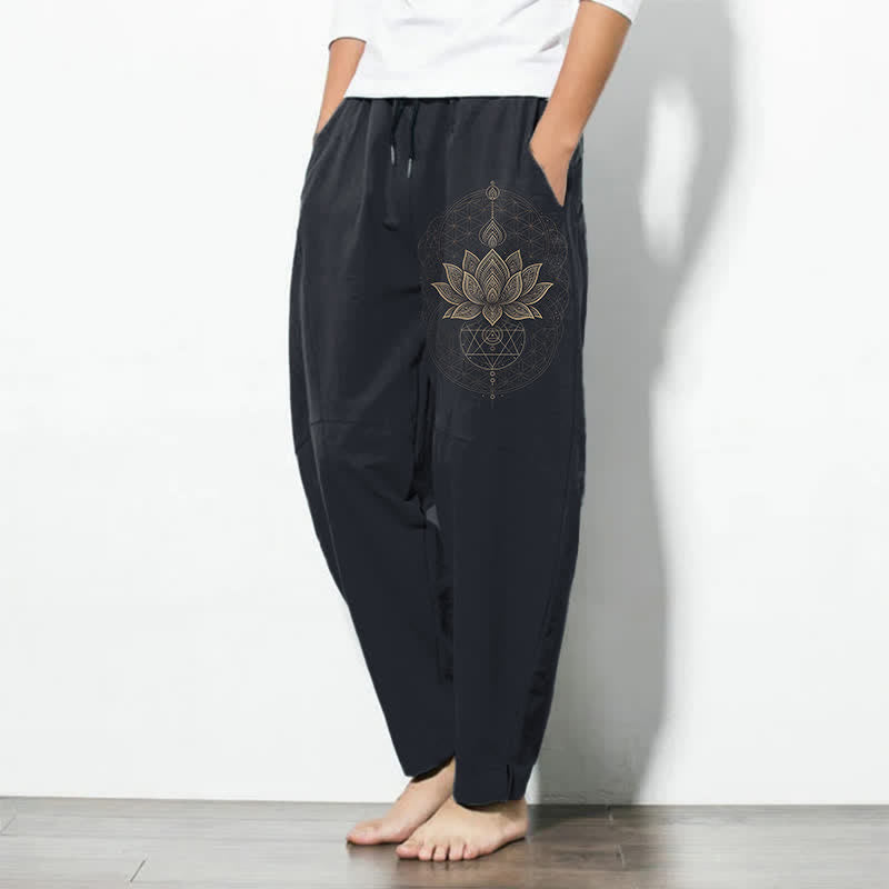 Nimara Ritual Pure Cotton Lotus Mandala Geometry Pattern Drawstring Men's Tapered Pants With Pockets