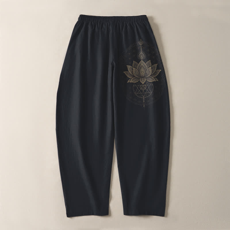 Nimara Ritual Pure Cotton Lotus Mandala Geometry Pattern Drawstring Men's Tapered Pants With Pockets