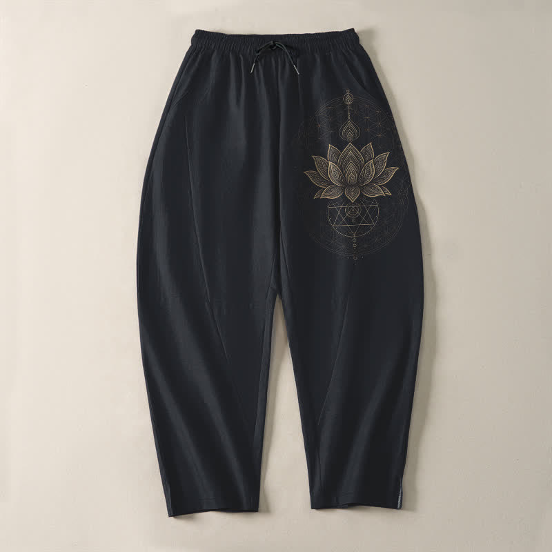 Nimara Ritual Pure Cotton Lotus Mandala Geometry Pattern Drawstring Men's Tapered Pants With Pockets
