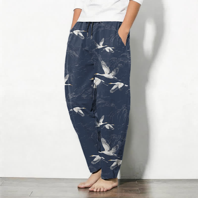 Nimara Ritual Pure Cotton White Crane Pine Pattern Drawstring Men's Tapered Pants With Pockets