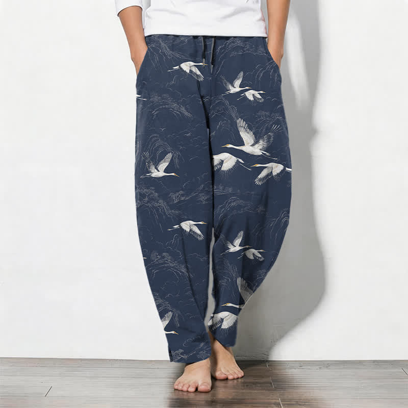 Nimara Ritual Pure Cotton White Crane Pine Pattern Drawstring Men's Tapered Pants With Pockets