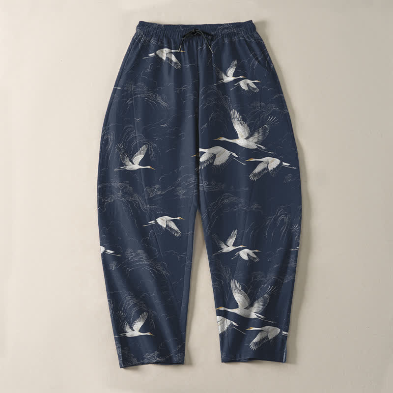 Nimara Ritual Pure Cotton White Crane Pine Pattern Drawstring Men's Tapered Pants With Pockets