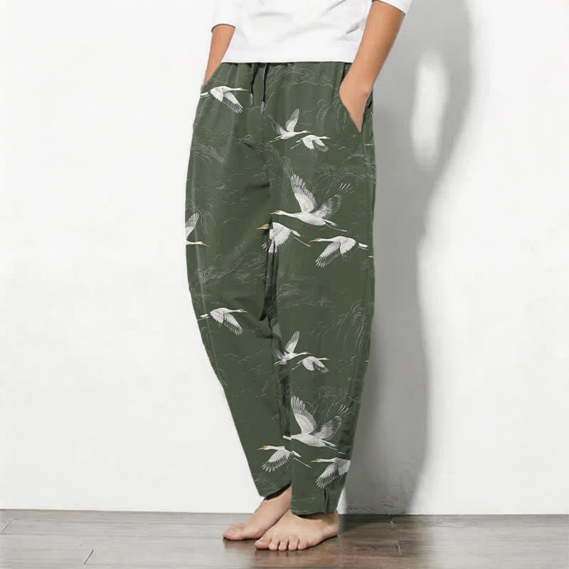 Nimara Ritual Pure Cotton White Crane Pine Pattern Drawstring Men's Tapered Pants With Pockets