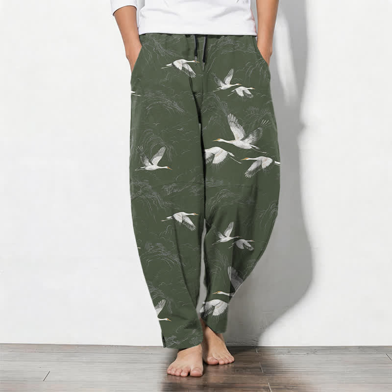 Nimara Ritual Pure Cotton White Crane Pine Pattern Drawstring Men's Tapered Pants With Pockets