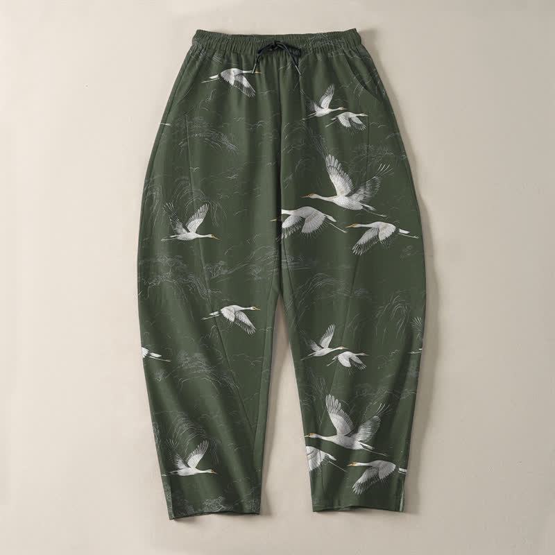 Nimara Ritual Pure Cotton White Crane Pine Pattern Drawstring Men's Tapered Pants With Pockets