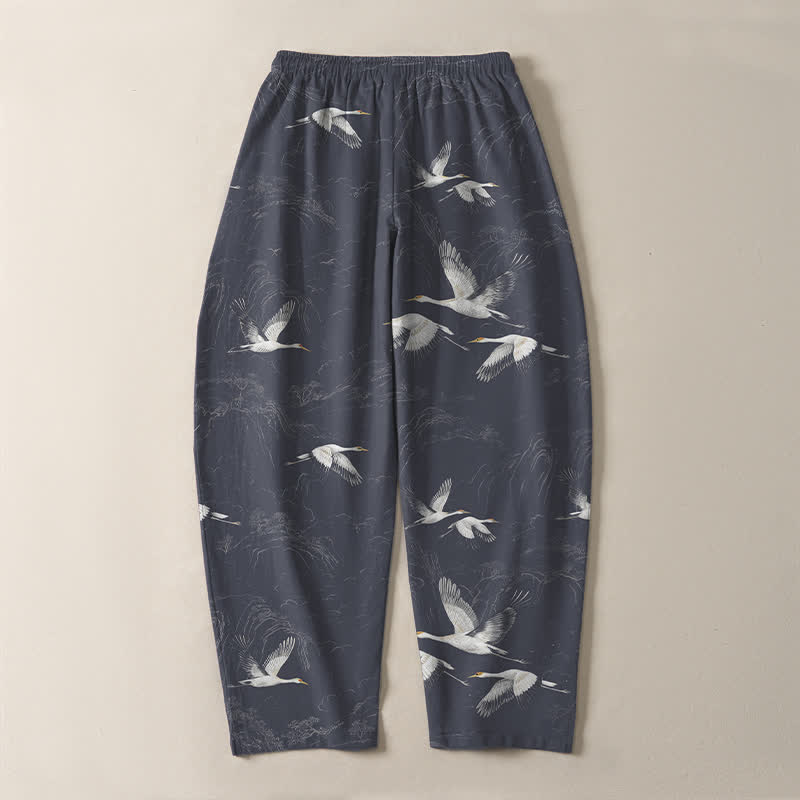 Nimara Ritual Pure Cotton White Crane Pine Pattern Drawstring Men's Tapered Pants With Pockets
