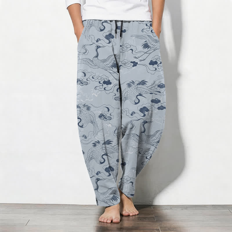 Nimara Ritual Pure Cotton Crane Cloud Pattern Drawstring Men's Tapered Pants With Pockets