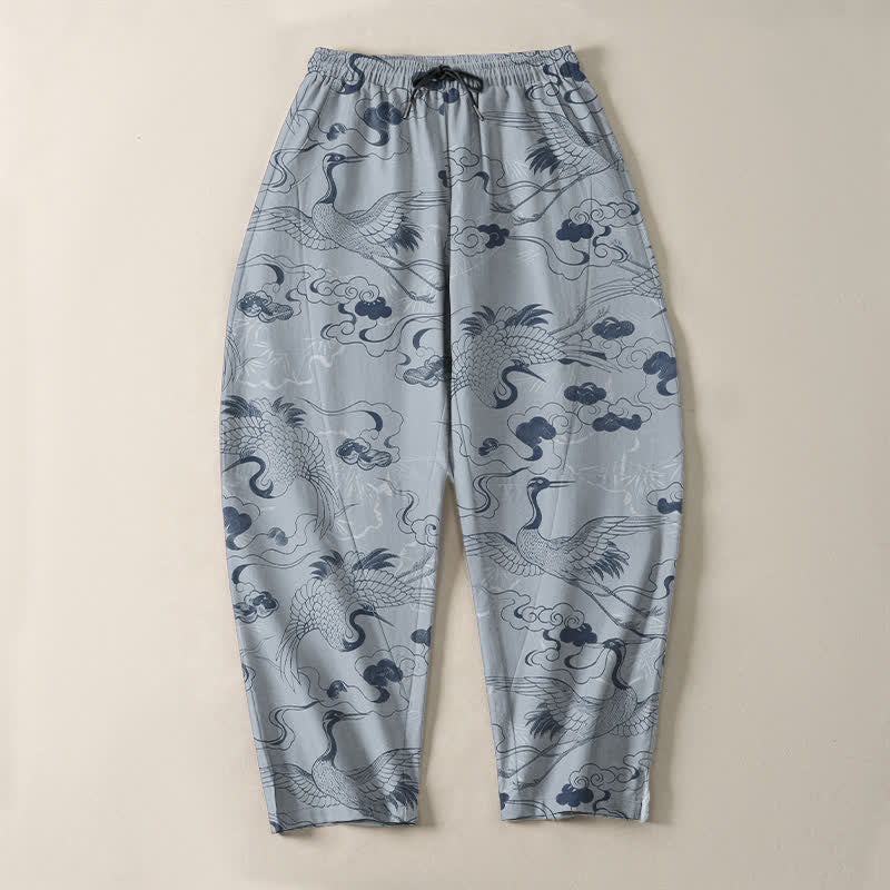 Nimara Ritual Pure Cotton Crane Cloud Pattern Drawstring Men's Tapered Pants With Pockets