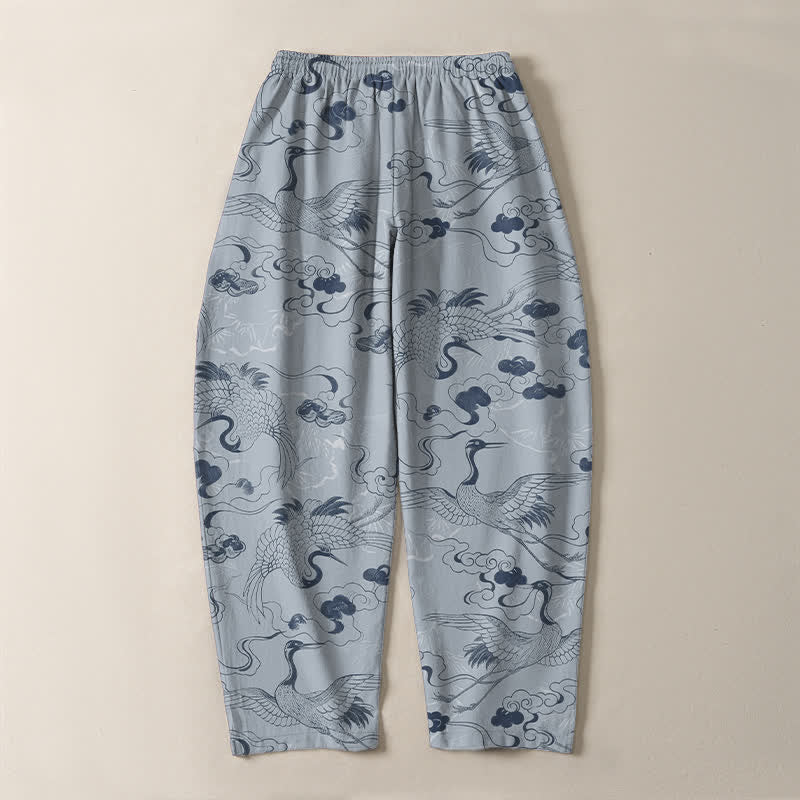 Nimara Ritual Pure Cotton Crane Cloud Pattern Drawstring Men's Tapered Pants With Pockets