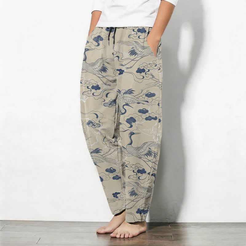 Nimara Ritual Pure Cotton Crane Cloud Pattern Drawstring Men's Tapered Pants With Pockets