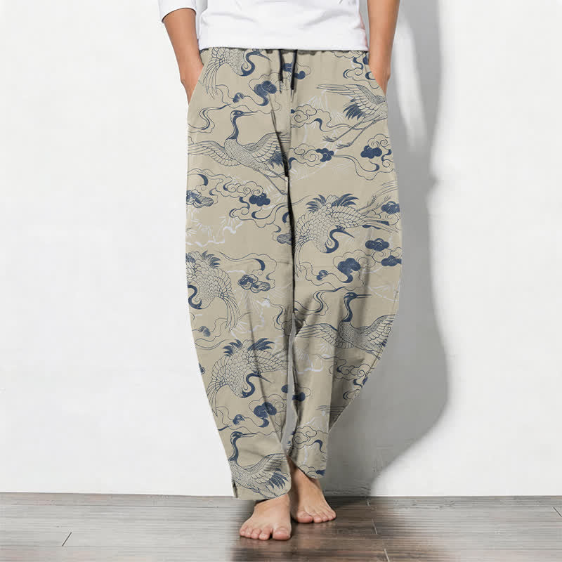 Nimara Ritual Pure Cotton Crane Cloud Pattern Drawstring Men's Tapered Pants With Pockets