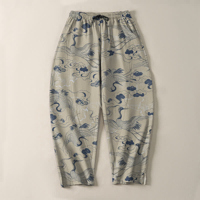 Nimara Ritual Pure Cotton Crane Cloud Pattern Drawstring Men's Tapered Pants With Pockets