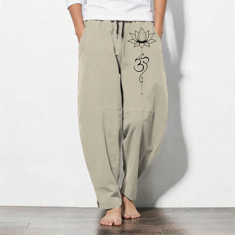 Nimara Ritual Pure Cotton Lotus Om Pattern Drawstring Men's Tapered Pants With Pockets
