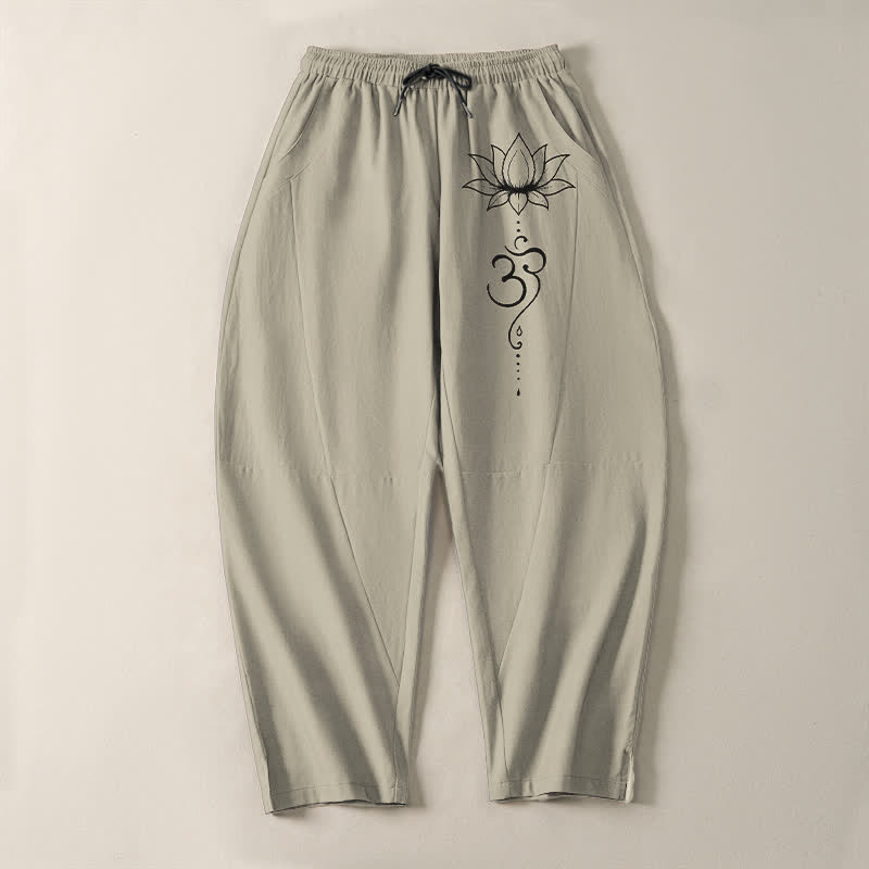 Nimara Ritual Pure Cotton Lotus Om Pattern Drawstring Men's Tapered Pants With Pockets