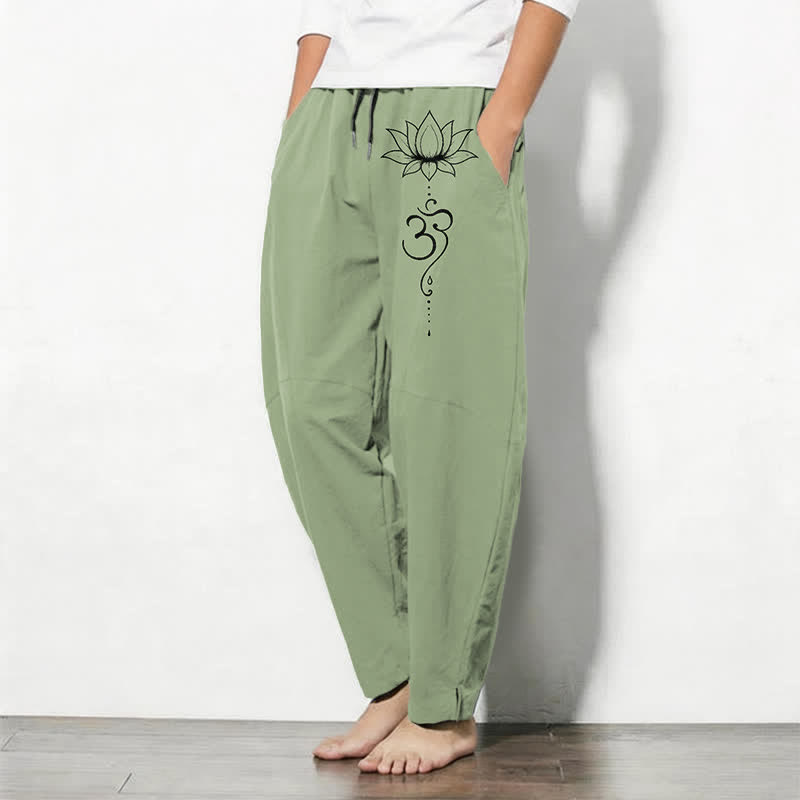 Nimara Ritual Pure Cotton Lotus Om Pattern Drawstring Men's Tapered Pants With Pockets